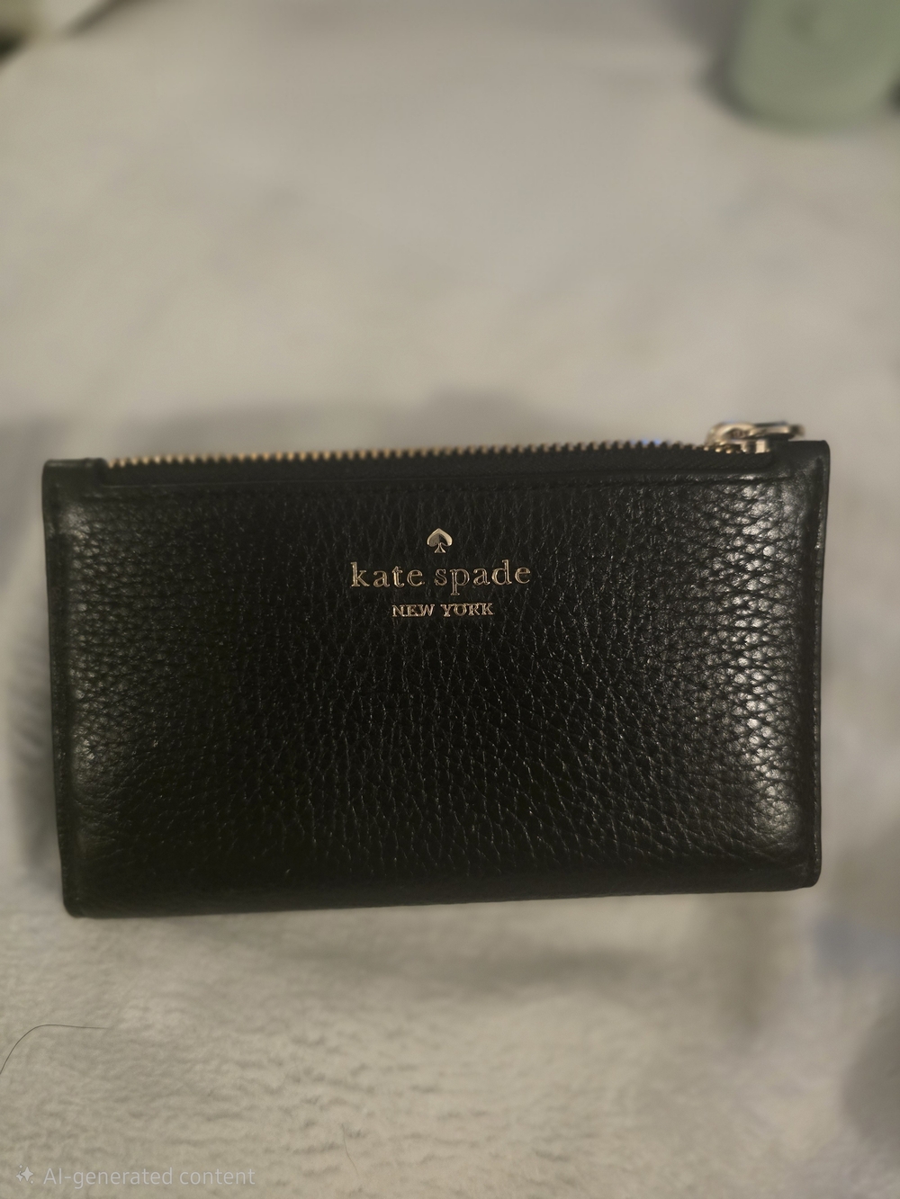 kate spade Black Pebbled Leather Zip Card Case with Gold Logo.
